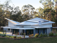 Western elevation of Ecobode home which features roofing, guttering and walling made from both ZINCALUME® steel and COLORBOND® steel.