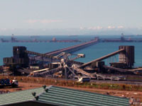 Dalrymple Bay Coal Terminal (DBCT), North Queensland. The buildings are clad in PERMALITE LT7® and V-RIB® in colours Silver Coin™ and Bronze Olive. PERMALITE® aluminium purlins and girts were also used.