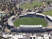 Skilled Stadium grandstand site in Geelong, Victoria - LYSAGHT KLIP-LOK 700 HI-STRENGTH&reg; rollformed from double-sided COLORBOND&reg; ULTRA steel in the colour Windspray&reg; used for roof structure.
