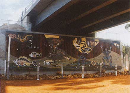 Mural on Abutment, painted by the local aboriginal community at Berri Bridge, a composite steel girder and concrete deck bridge which spans the Murray River in South Australia.