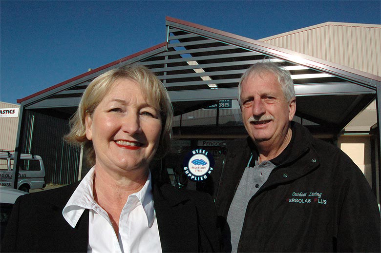 Pergolas Plus Outdoor Living owners Julie and Ian Brooksby … one of their pergolas has got the pub talking