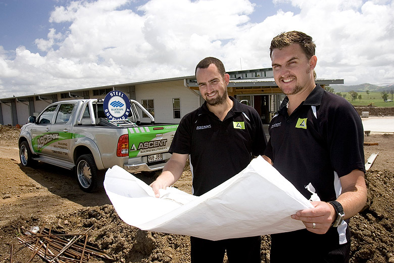 Jared Hinkley (left) and Terry Styles of Ascent Building Solutions, a member of the STEEL BY™ Brand Partnership Program, which installs roofing made from COLORBOND® steel and ZINCALUME® steel.