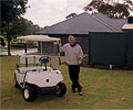 Warren Young in front of the new Pro Shop which features roofing and fencing made from COLORBOND® steel