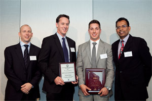 Brett Mason, President of the Sydney Division of the MBA, Richard Carmont from ADCO constructions, joint winner Kristian Anthony from ADCO and Santan Pathmanandavel from BlueScope Buildings.