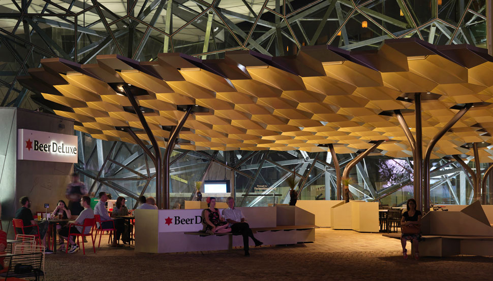 Federation Square, Melbourne, hexagonal roof structure is made from 8mm thick BlueScope XLERPLATE® steel 250 Grade plate; mild steel structural columns and integrated stainless steel drainpipes.